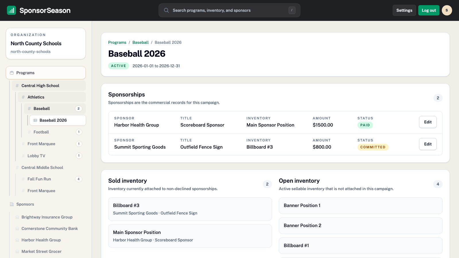 Seasons page in SponsorSeason