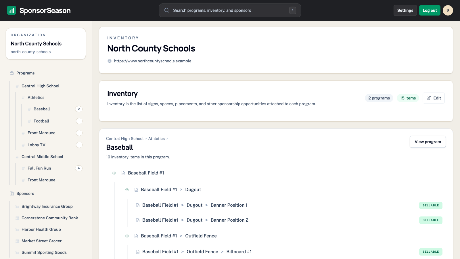 Inventory page in SponsorSeason