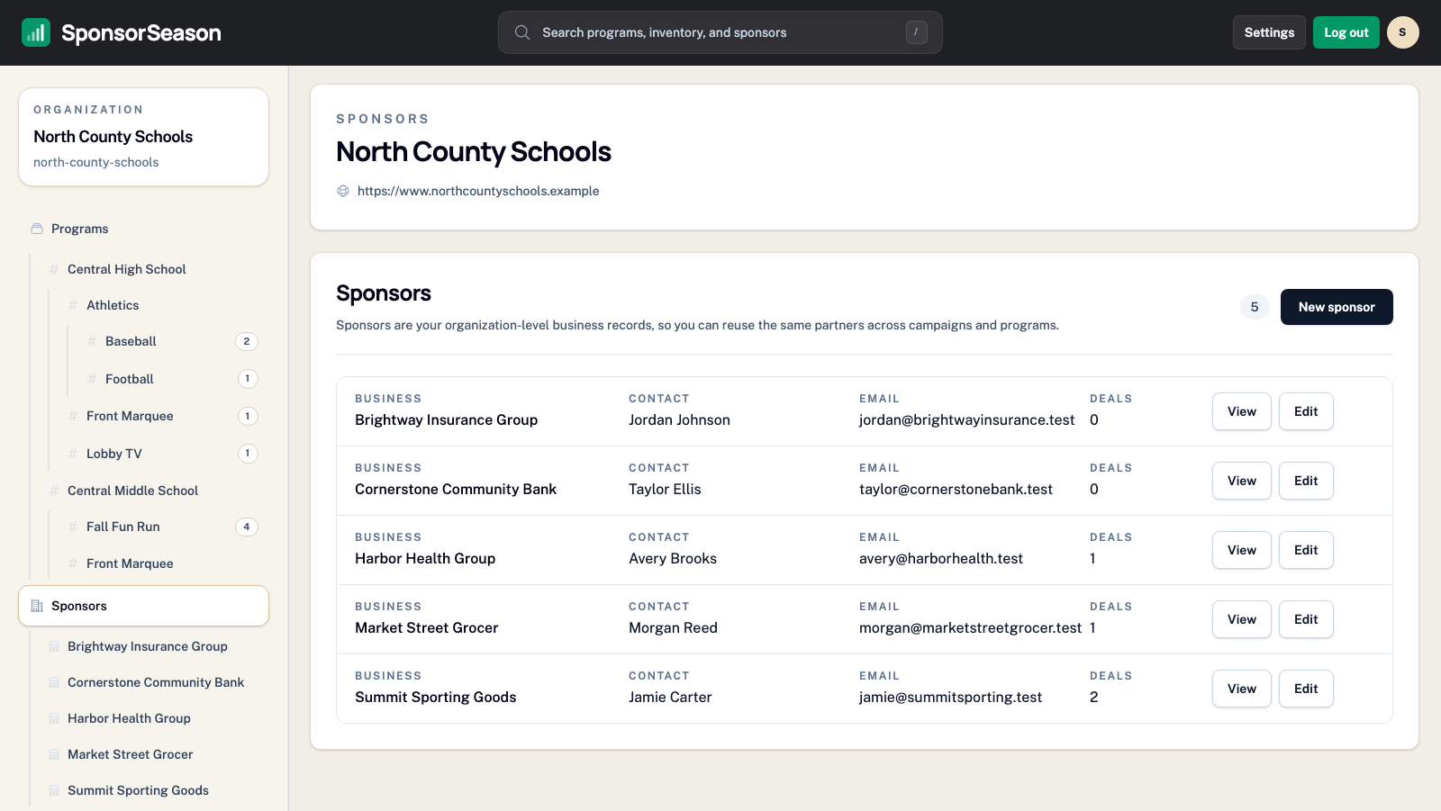 Sponsors page in SponsorSeason